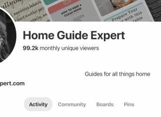Image of screen shot of HomeGuideExpert Pinterest account with 99.2k monthly viewers