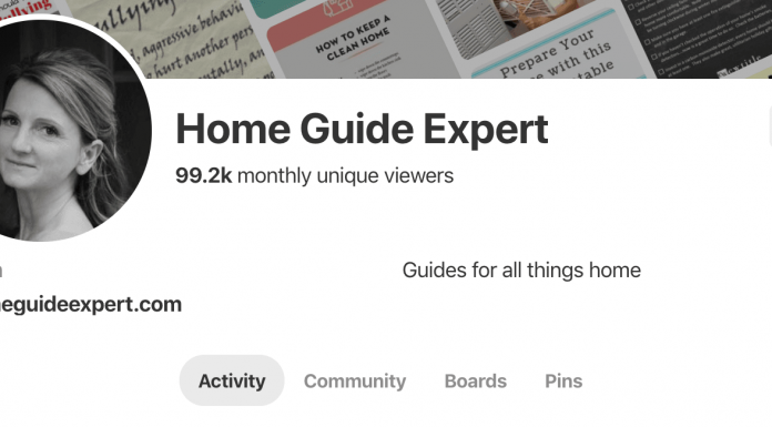 Image of screen shot of HomeGuideExpert Pinterest account with 99.2k monthly viewers